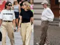 Stylizacje z beżowymi spodniami: biały T-shirt, czarna bluzka lub biała bluza. Jaka bluzka do beżowych spodni? Oto inspiracje.