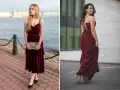 Eleganckie stylizacje: jakie buty do bordowej sukienki? Dwie kobiety prezentują bordowe kreacje, jedna w welurowej sukience midi i czarnych szpilkach, druga w długiej sukni i beżowych sandałkach.