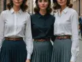 Trzy kobiety w plisowanych spódnicach i koszulach. Klasyczne połączenie: jaka bluzka do plisowanej spódnicy?