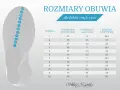 Tabela rozmiarów obuwia: europejski, angielski i rozmiar stopy w cm. Od 22,5 cm do 30 cm.
