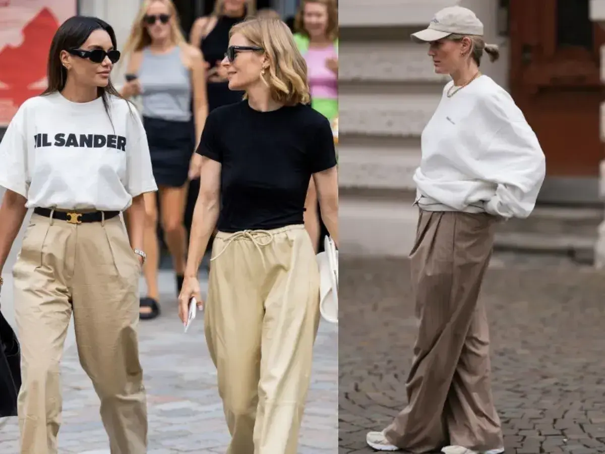 Stylizacje z beżowymi spodniami: biały T-shirt, czarna bluzka lub biała bluza. Jaka bluzka do beżowych spodni? Oto inspiracje.