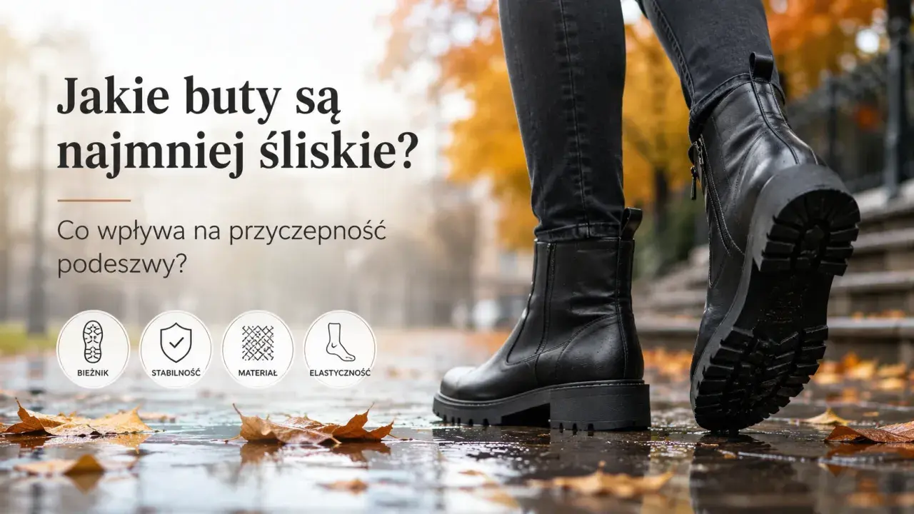 Czarne botki na grubej podeszwie, idealne na zimę. Sprawdź, jakie buty są najmniej śliskie i zapewnią Ci stabilność na mokrej nawierzchni.