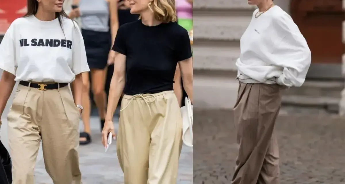 Stylizacje z beżowymi spodniami: biały T-shirt, czarna bluzka lub biała bluza. Jaka bluzka do beżowych spodni? Oto inspiracje.