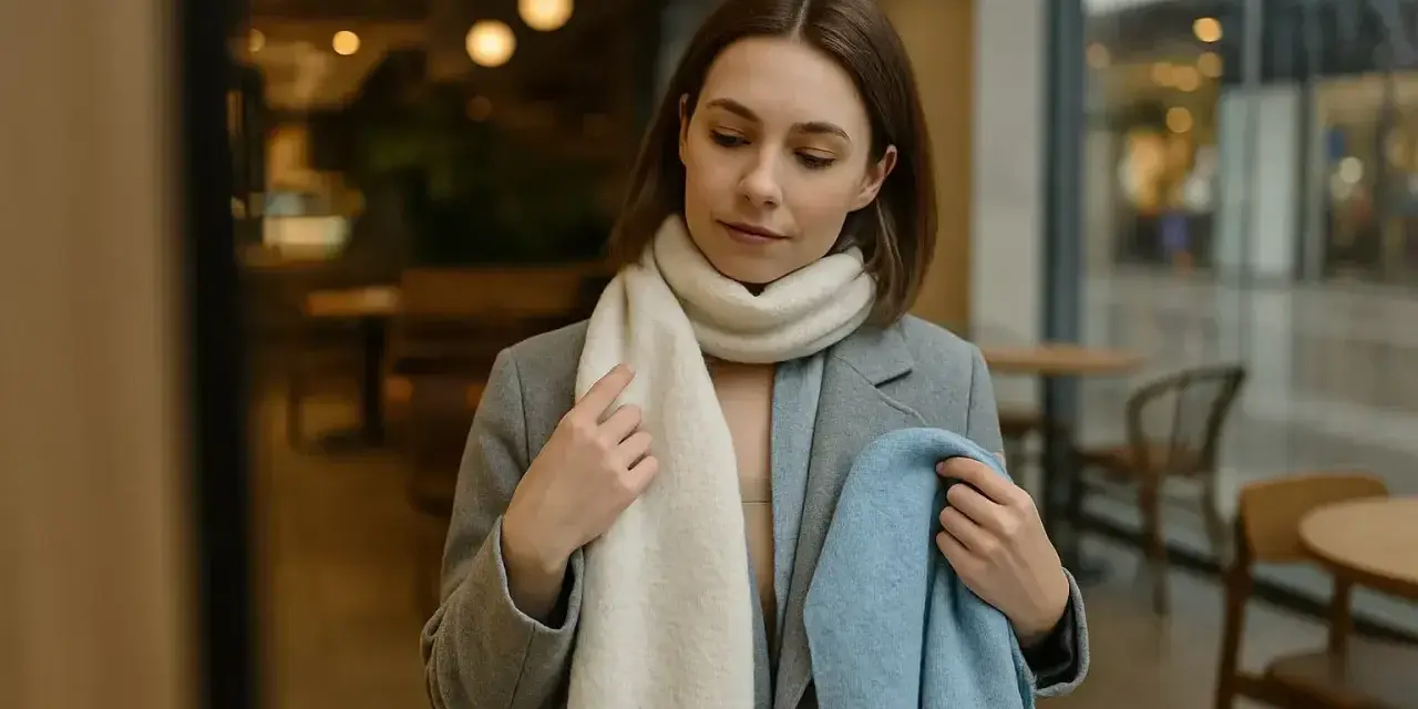 Kobieta zastanawia się, jaki szalik do szarego płaszcza będzie najlepszy. Wybiera między kremowym a błękitnym.
