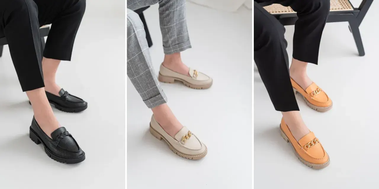 Eleganckie loafersy i mokasyny w kolorach czarnym, beżowym i pomarańczowym. Idealne do stylizacji z klasycznymi spodniami.
