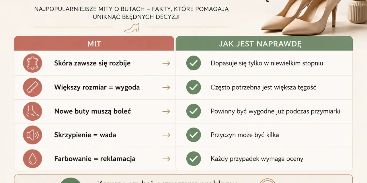 Tabela obala mity o butach, pokazując, że tęgość buta H nie zawsze oznacza większy rozmiar, a nowe buty powinny być wygodne od razu.
