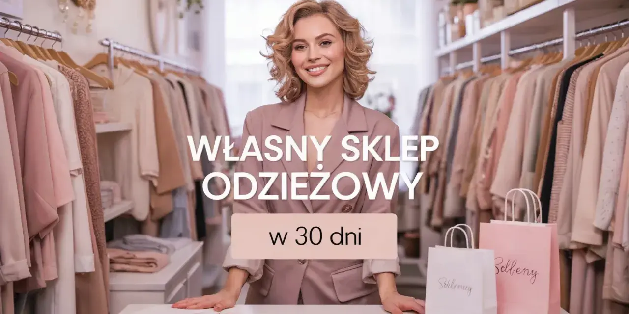 Uśmiechnięta kobieta w różowym żakiecie stoi w butiku pełnym ubrań. Tekst głosi "Własny sklep odzieżowy w 30 dni". To inspiracja dla tych, którzy marzą o własnych sieciówkach.