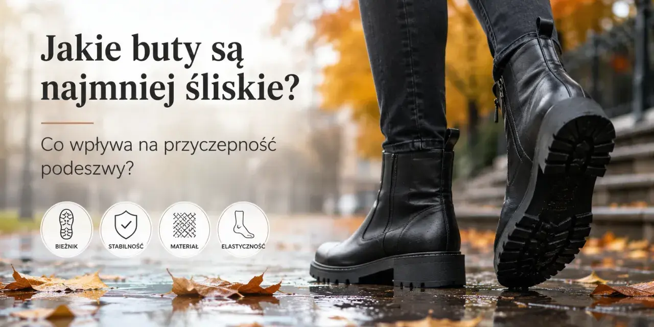Czarne botki na grubej podeszwie, idealne na zimę. Sprawdź, jakie buty są najmniej śliskie i zapewnią Ci stabilność na mokrej nawierzchni.