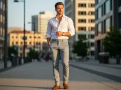 Elegancki mężczyzna w białej koszuli i szarych spodniach, gotowy na fiere di moda. Stylowy wygląd na ulicach miasta.