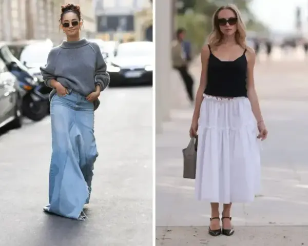 Kobiety prezentują różne stylizacje, pokazując, jakie buty do długiej spódnicy pasują. Jedna w jeansowej maxi, druga w zwiewnej białej.