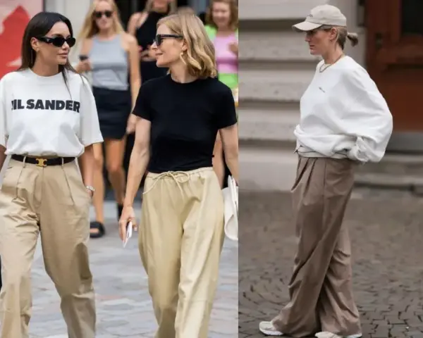 Stylizacje z beżowymi spodniami: biały T-shirt, czarna bluzka lub biała bluza. Jaka bluzka do beżowych spodni? Oto inspiracje.