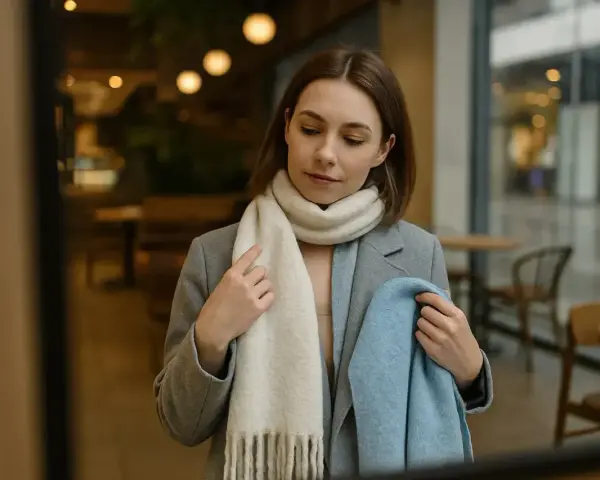 Kobieta zastanawia się, jaki szalik do szarego płaszcza będzie najlepszy. Wybiera między kremowym a błękitnym.