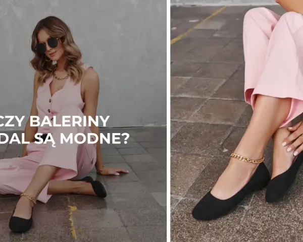Elegancka kobieta w różowym kombinezonie i czarnych balerinach z ozdobnym łańcuszkiem na kostce.