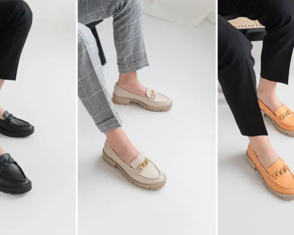 Eleganckie loafersy i mokasyny w kolorach czarnym, beżowym i pomarańczowym. Idealne do stylizacji z klasycznymi spodniami.