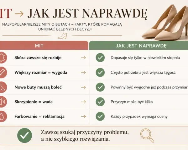 Tabela obala mity o butach, pokazując, że tęgość buta H nie zawsze oznacza większy rozmiar, a nowe buty powinny być wygodne od razu.