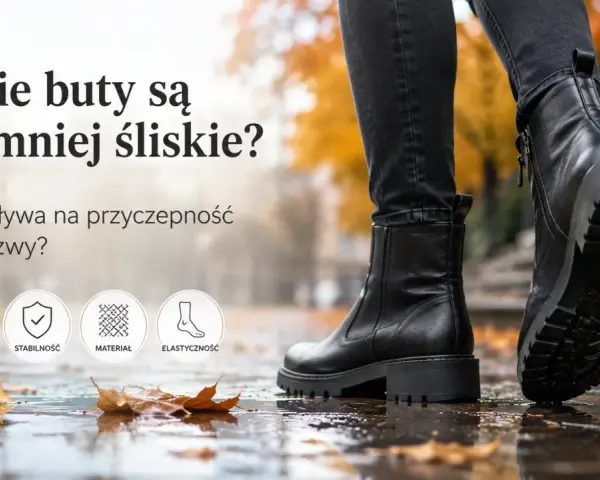 Czarne botki na grubej podeszwie, idealne na zimę. Sprawdź, jakie buty są najmniej śliskie i zapewnią Ci stabilność na mokrej nawierzchni.