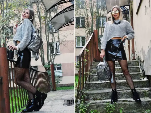 Szara bluzka z odkrytymi ramionami i skórzana spódnica tworzą stylowy zestaw. Idealna inspiracja, jaka bluzka do skórzanej spódnicy.