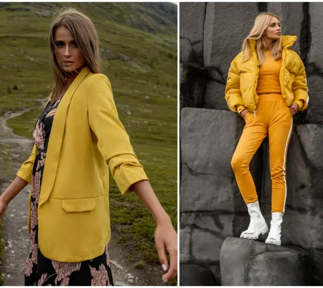 Dwie kobiety w stylizacjach z dominującym żółtym kolorem. Jedna w marynarce, druga w puchowej kurtce i dresach.