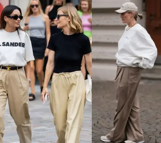 Stylizacje z beżowymi spodniami: biały T-shirt, czarna bluzka lub biała bluza. Jaka bluzka do beżowych spodni? Oto inspiracje.