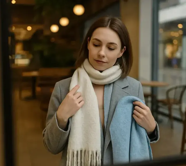 Kobieta zastanawia się, jaki szalik do szarego płaszcza będzie najlepszy. Wybiera między kremowym a błękitnym.