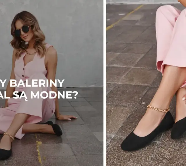 Elegancka kobieta w różowym kombinezonie i czarnych balerinach z ozdobnym łańcuszkiem na kostce.