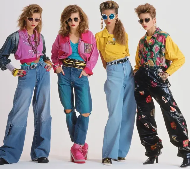 Cztery kobiety prezentują styl vintage ubrania: szerokie jeansy, kolorowe kurtki i błyszczące spodnie.