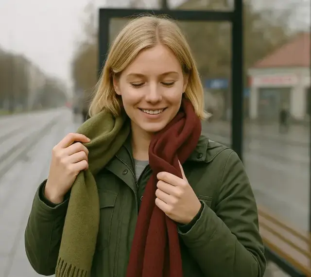 Uśmiechnięta blondynka w zielonej kurtce przymierza dwukolorowy szalik, zastanawiając się, jaki szalik do zielonej kurtki będzie najlepszy.