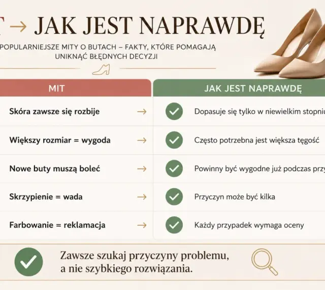 Tabela obala mity o butach, pokazując, że tęgość buta H nie zawsze oznacza większy rozmiar, a nowe buty powinny być wygodne od razu.
