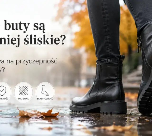 Czarne botki na grubej podeszwie, idealne na zimę. Sprawdź, jakie buty są najmniej śliskie i zapewnią Ci stabilność na mokrej nawierzchni.