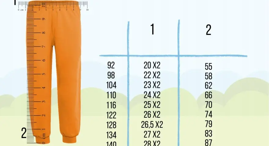 Pomarańczowe spodnie obok miarki. Tabela rozmiarów: rozmiar 110 jaki wiek? Sprawdź wymiary dla dziecka.