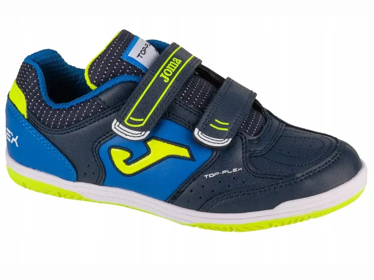 Granatowo-niebieskie buty Joma na rzepy, idealne jako buty na WF do szkoły. Mają neonowo-żółte akcenty i logo.