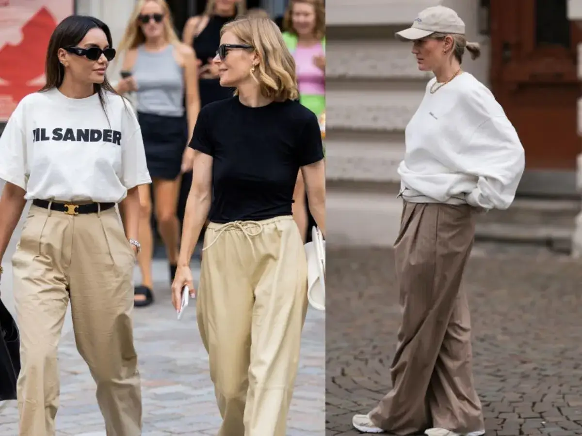 Inspiracje: jaka bluzka do beżowych spodni? Biały T-shirt, czarna koszulka lub biała bluza oversize świetnie komponują się z szerokimi spodniami w odcieniach beżu i brązu.