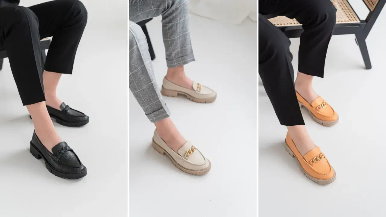 Eleganckie loafersy i stylowe mokasyny w kolorach czarnym, beżowym i pomarańczowym. Idealne do codziennych i wyjściowych stylizacji.