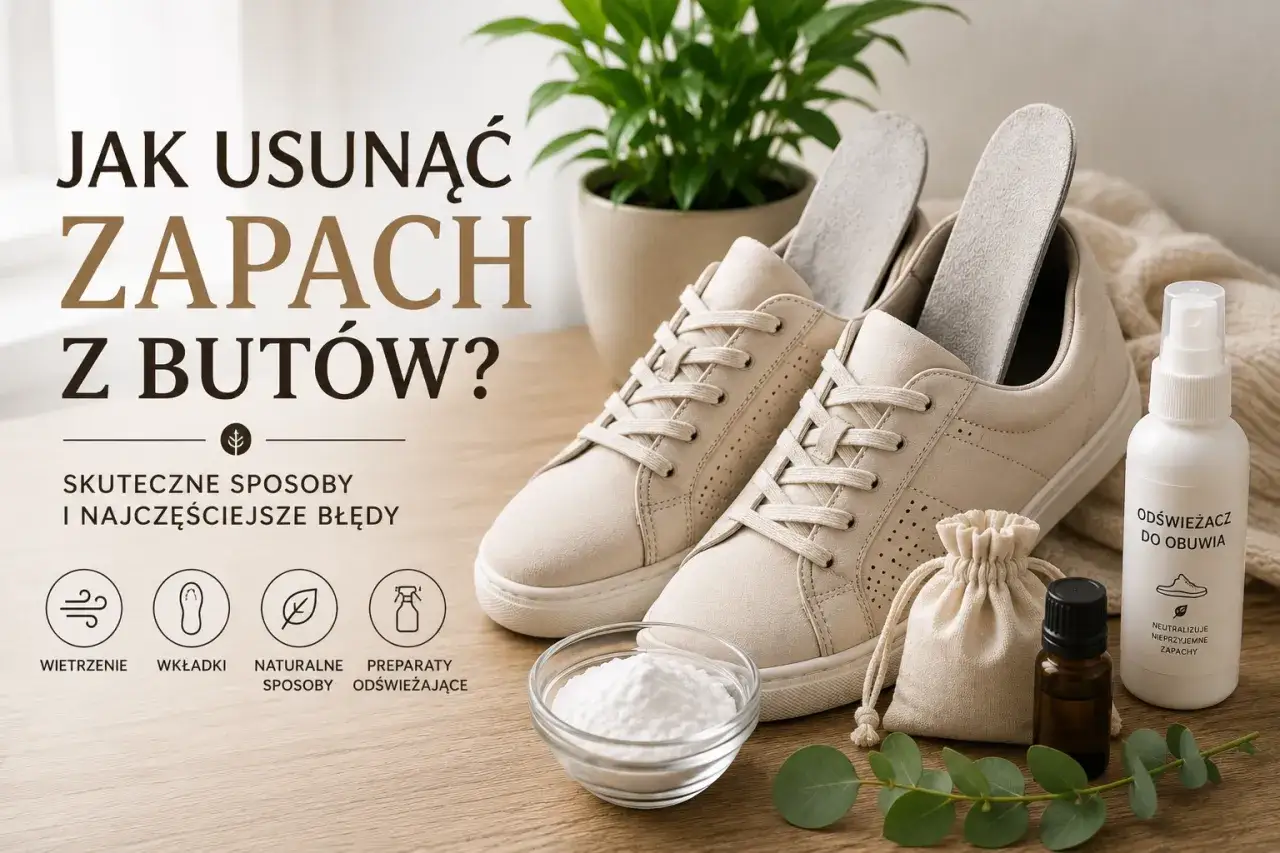 Jak pozbyć się zapachu z butów? Na zdjęciu beżowe sneakersy, soda oczyszczona, odświeżacz i olejki eteryczne – skuteczne sposoby na świeżość.