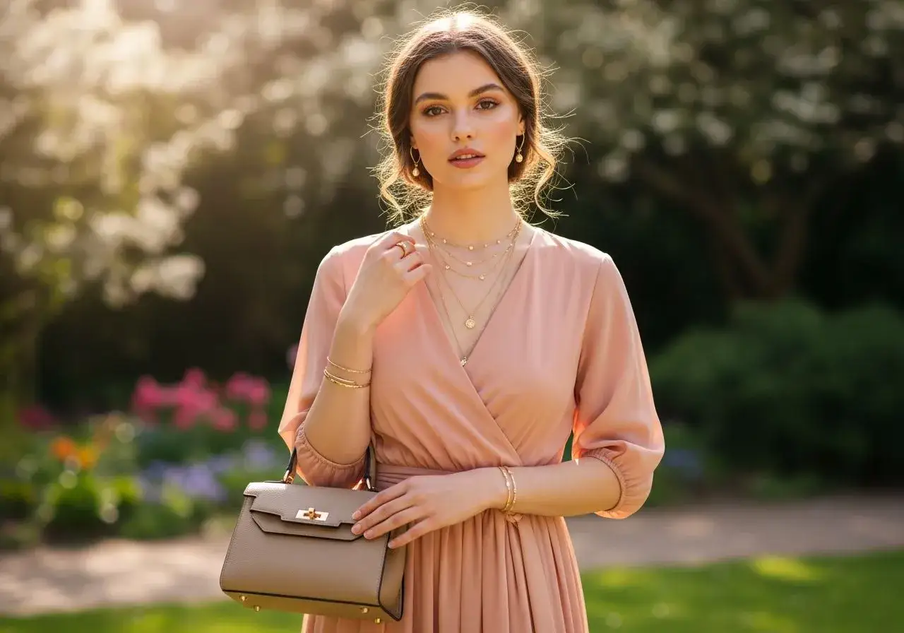 Elegancka kobieta w sukience w kolorze brzoskwiniowym, z biżuterią i torebką, pozuje w ogrodzie.