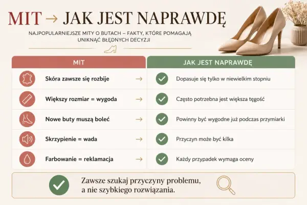 Tabela obala mity o butach, pokazując, że tęgość buta H nie zawsze oznacza większy rozmiar, a nowe buty powinny być wygodne od razu.