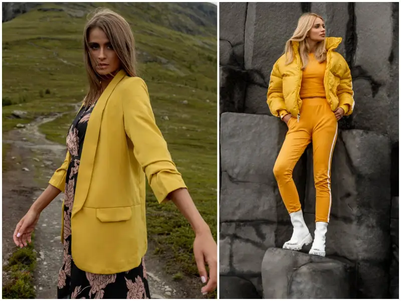 Dwie kobiety w stylizacjach z dominującym żółtym kolorem. Jedna w marynarce, druga w puchowej kurtce i dresach.