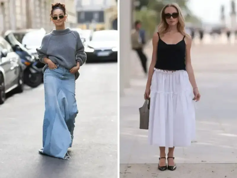 Kobiety prezentują różne stylizacje, pokazując, jakie buty do długiej spódnicy pasują. Jedna w jeansowej maxi, druga w zwiewnej białej.