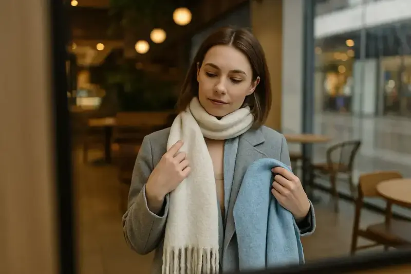 Kobieta zastanawia się, jaki szalik do szarego płaszcza będzie najlepszy. Wybiera między kremowym a błękitnym.