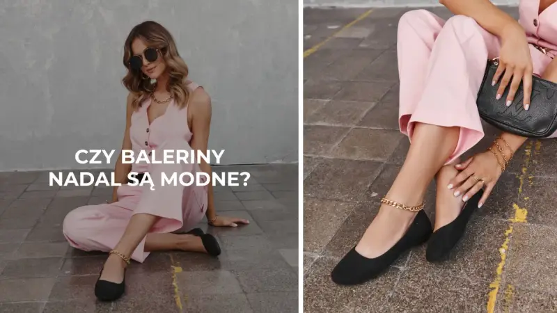 Elegancka kobieta w różowym kombinezonie i czarnych balerinach z ozdobnym łańcuszkiem na kostce.