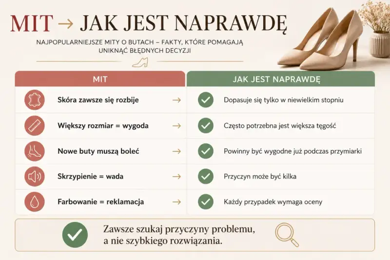 Tabela obala mity o butach, pokazując, że tęgość buta H nie zawsze oznacza większy rozmiar, a nowe buty powinny być wygodne od razu.