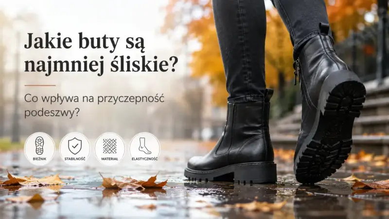 Czarne botki na grubej podeszwie, idealne na zimę. Sprawdź, jakie buty są najmniej śliskie i zapewnią Ci stabilność na mokrej nawierzchni.