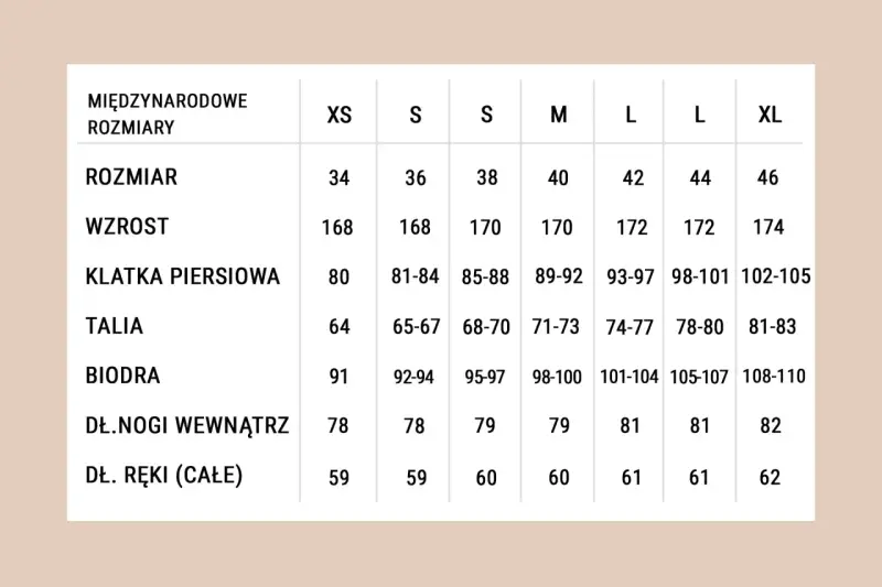 Tabela rozmiarów: wzrost 170 cm odpowiada rozmiarowi M (40), obwód klatki 89-92 cm, talii 71-73 cm, bioder 98-100 cm.